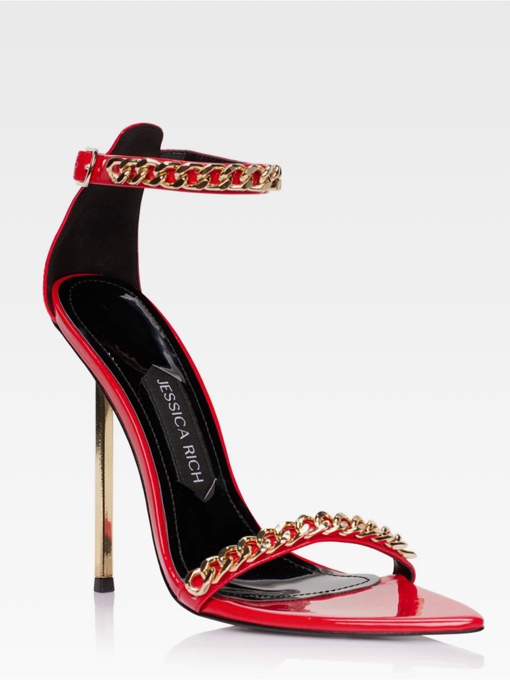 Jessica Rich Monaco Sandals Red Patent Gold Chain Heel Ankle-Strap Stiletto NEW